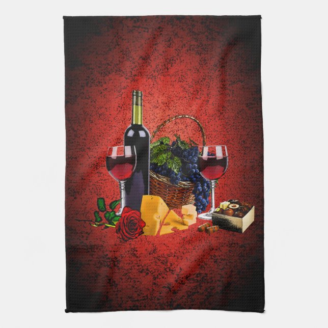 Wine glasses, bottle, grapes, cheese, chocolates kitchen towel (Vertical)