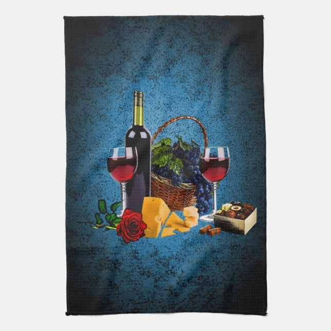 Wine glasses, bottle, grapes, cheese, chocolates kitchen towel (Vertical)