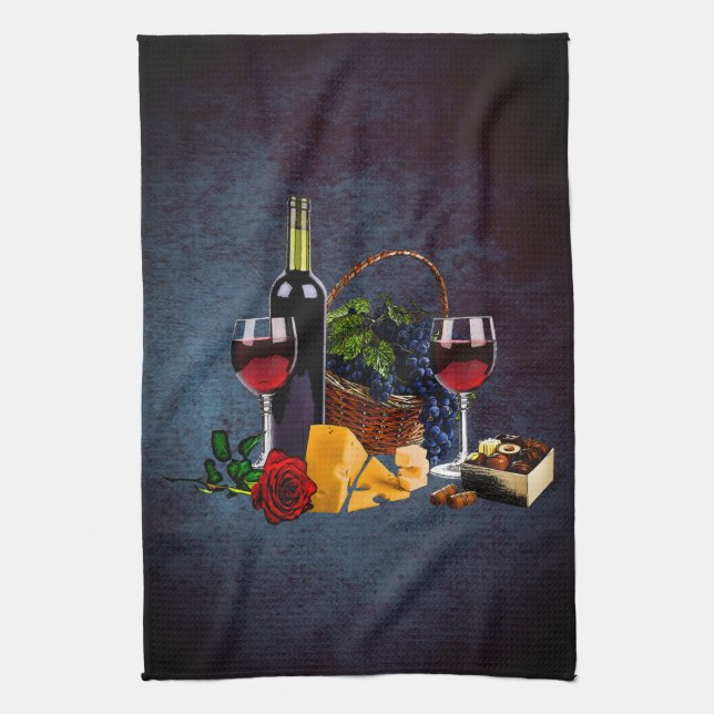 Wine glasses, bottle, grapes, cheese, chocolates N Kitchen Towel (Vertical)