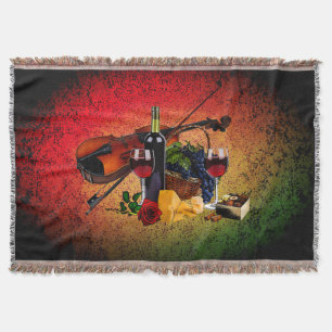 Wine glasses, bottle, grapes, cheese, Violin Throw Blanket