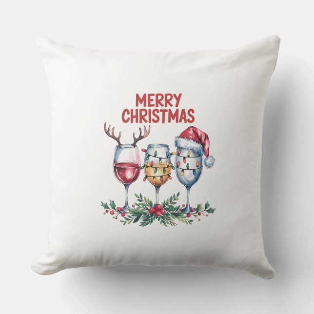 Wine Glasses Design Merry Christmas Throw Pillow (Front)
