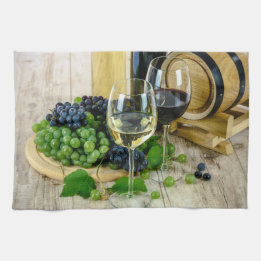 Wine Glasses Grapes and Wood Barrel Kitchen Towels