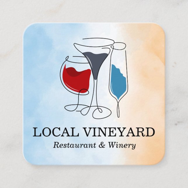 Wine Glasses Illustrations | Watercolor Square Business Card (Front)