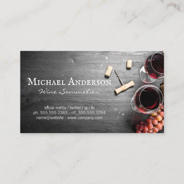 Wine Glasses on Table | Cork Wine Opener Business Card (Front)