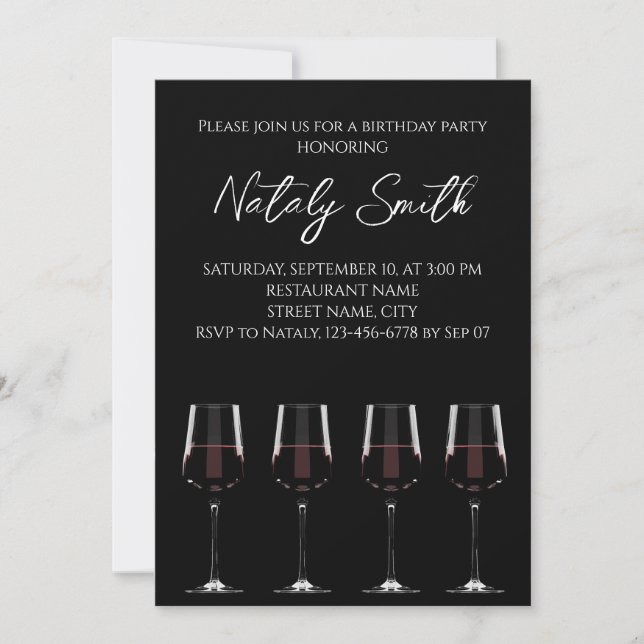 Wine glasses with red wine black elegant  invitation (Front)