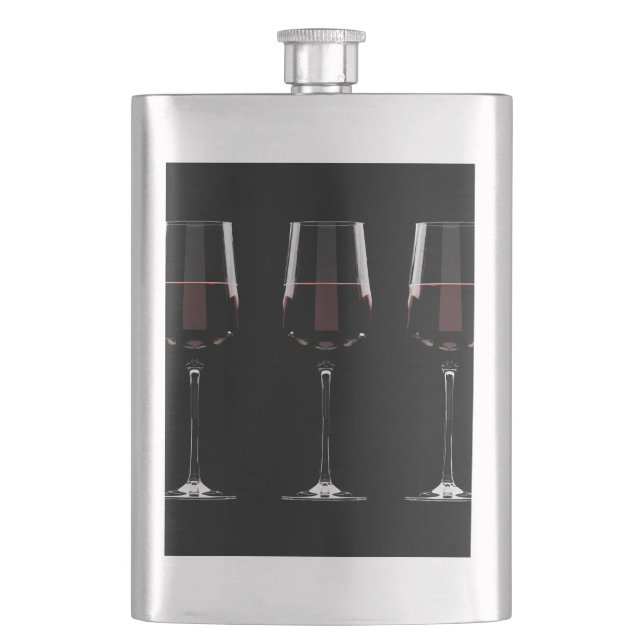 Wine glasses with red wine on black hip flask (Front)