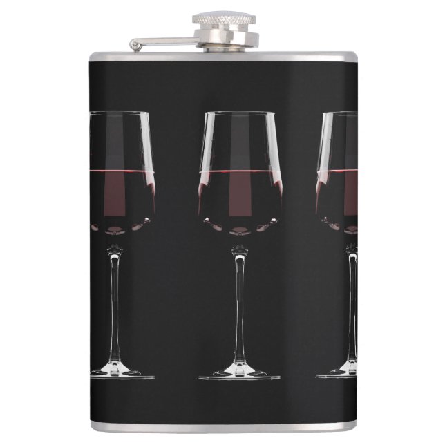 Wine glasses with red wine on black hip flask (Front)