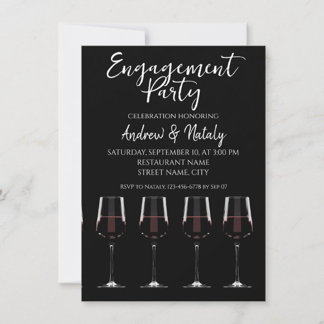 Wine glasses with red wine on black invitation (Front)
