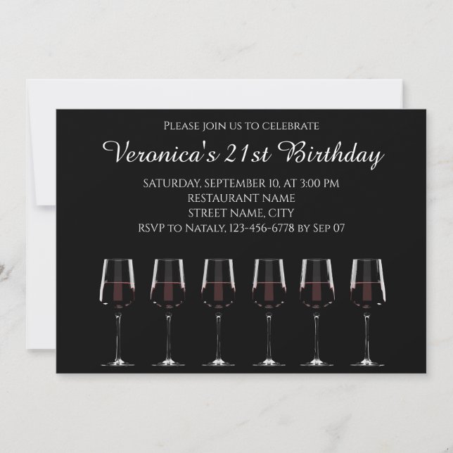 Wine glasses with red wine on black invitation (Front)
