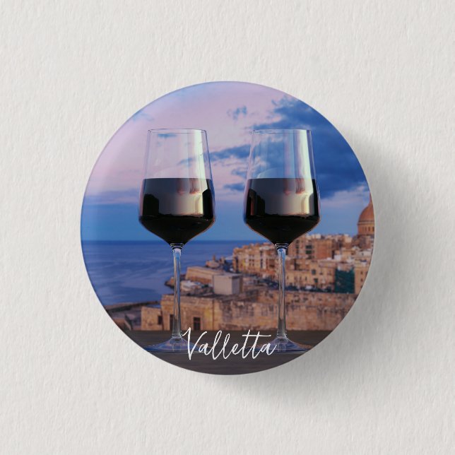 Wine glasses with view of sunset over Valletta 1 Inch Round Button (Front)