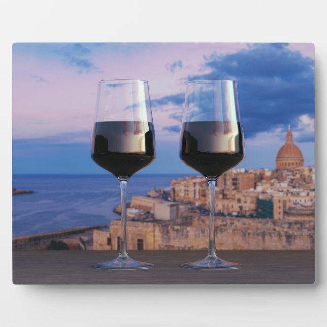 Wine glasses with view of sunset over Valletta Can Plaque (Front)