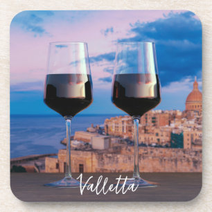 Wine glasses with view of sunset over Valletta Coaster