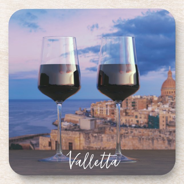 Wine glasses with view of sunset over Valletta Coaster (Front)