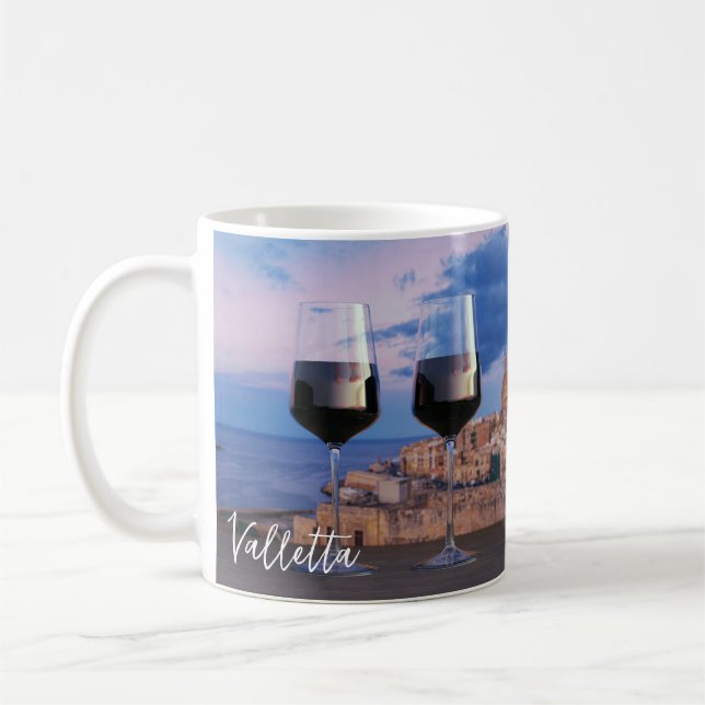 Wine glasses with view of sunset over Valletta Coffee Mug (Left)