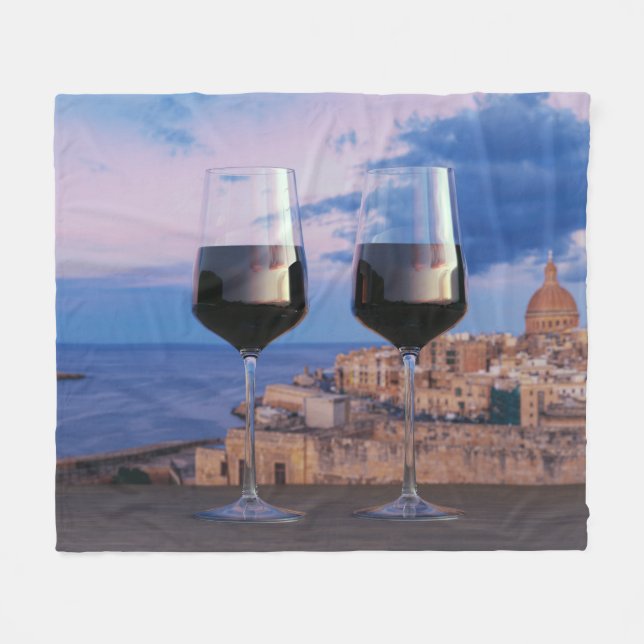 Wine glasses with view of sunset over Valletta Fleece Blanket (Front (Horizontal))