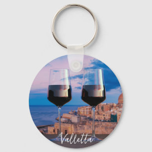 Wine glasses with view of sunset over Valletta Keychain