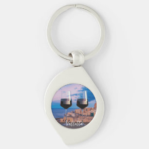 Wine glasses with view of sunset over Valletta Keychain