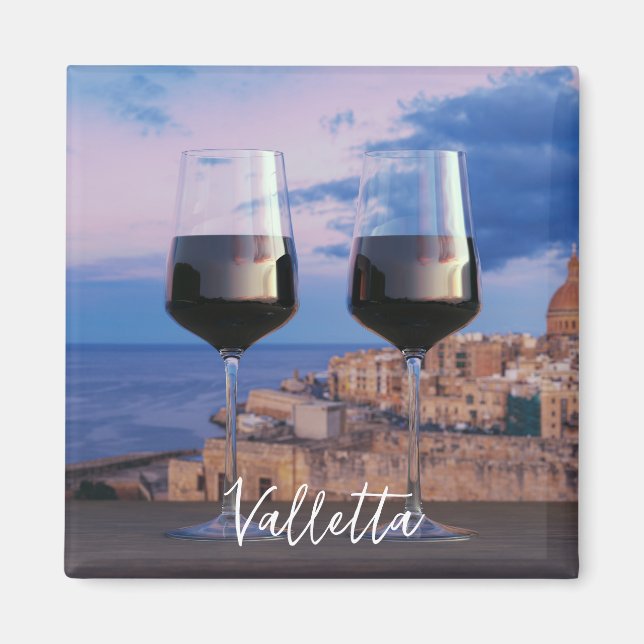 Wine glasses with view of sunset over Valletta Magnet (Front)