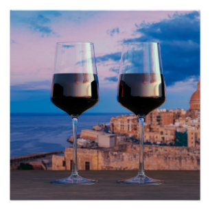 Wine glasses with view of sunset over Valletta Poster