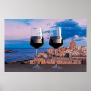 Wine glasses with view of sunset over Valletta Poster