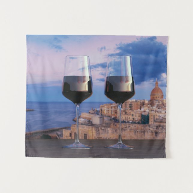 Wine glasses with view of sunset over Valletta Tapestry (Front (Horizontal))