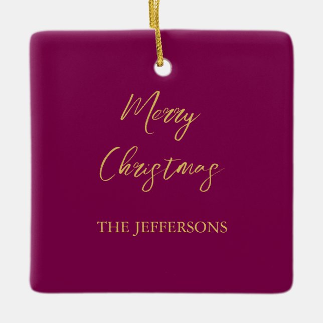 Wine & Gold Colours Merry Christmas Ceramic Ornament (Front)