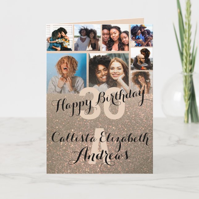 Wine Gold Glitter Photo Collage Happy Birthday Card (Front)