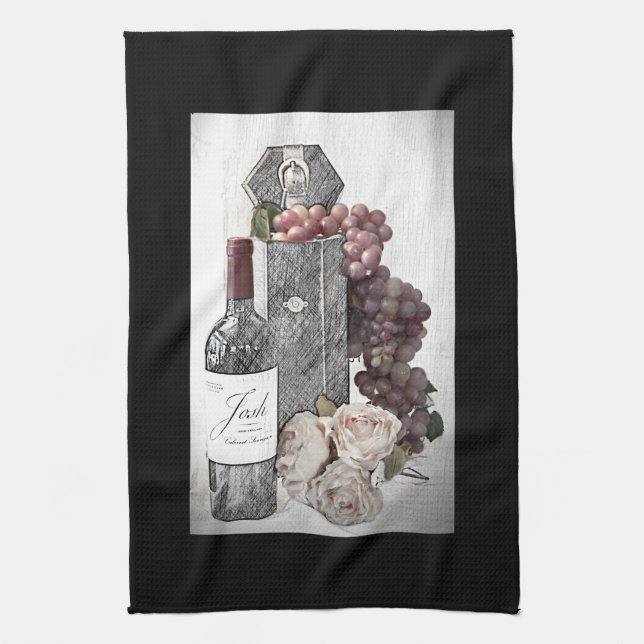 Wine, Grapes & Roses in Burgundy & Black Kitchen Towel (Vertical)
