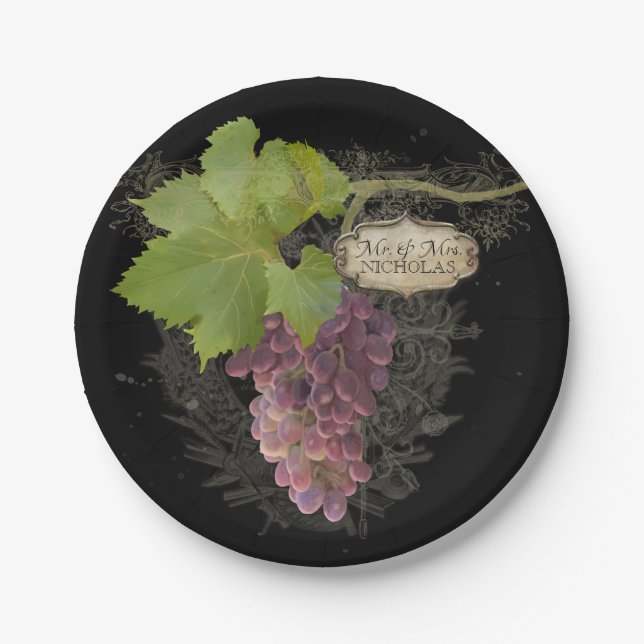 Wine Grapes Vineyard Elegant Mr and Mrs Wedding Paper Plate (Front)