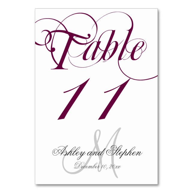 Wine Grey Monogram Wedding Table Number Card (Front)