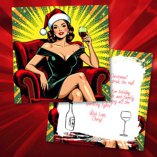 Wine Humor   Personalized Retro Pop Art Christmas Holiday Card