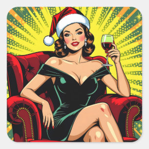 Wine Humor Retro Pop Art Christmas Square Sticker