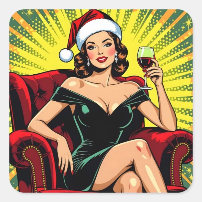 Wine Humor Retro Pop Art Christmas Square Sticker (Front)