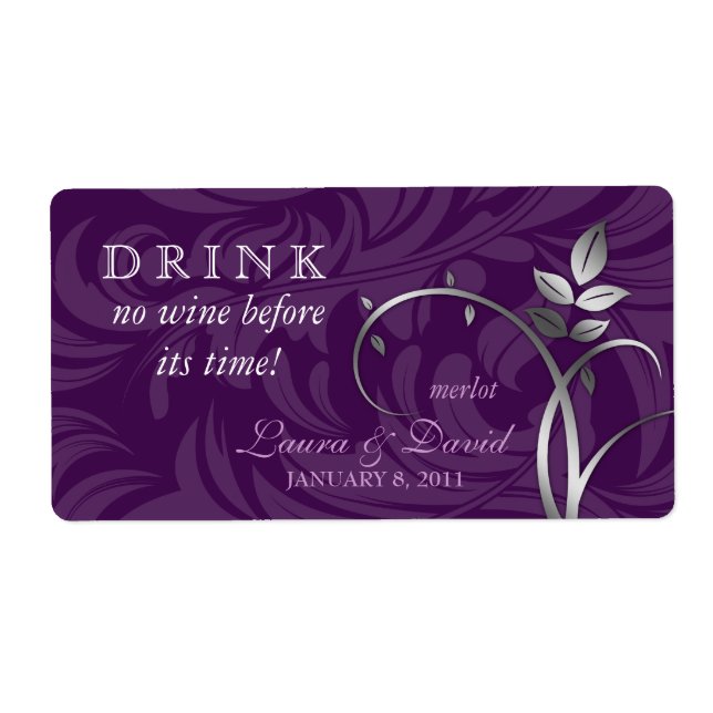 Wine Label Leaf Swirls Purple Silver (Front)