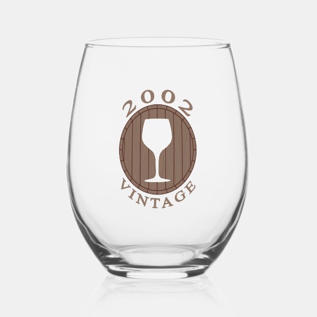 Wine Lover Birthday 2002 Vintage Stemless Wine Glass (Front)