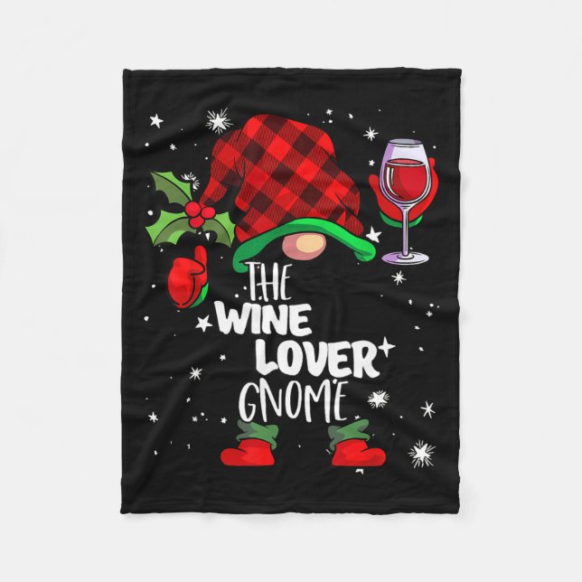 Wine Lover Gnome Red Buffalo Plaid Matching Family Fleece Blanket (Front)
