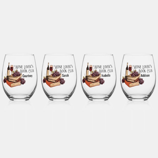 Wine Lover’s Book Club with Personalized Names Stemless Wine Glass (Front)