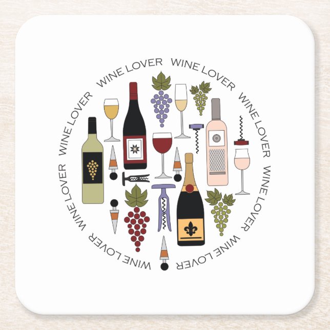 Wine Lovers Bottles, Glasses & Accessories Pattern Square Paper Coaster (Front)