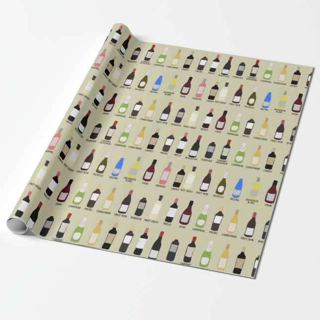 Wine Lovers Bottles with Names Patterned Wrapping Paper (Unrolled)