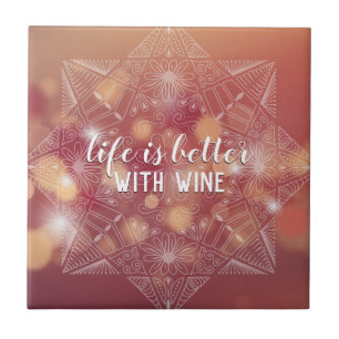 Wine Lover's Elegant Lettered Mandala Peach Bokeh Tile