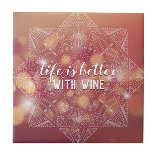 Wine Lover's Elegant Lettered Mandala Peach Bokeh Tile (Front)