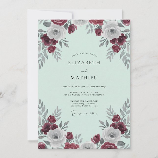 Wine Mint Bloom Wedding Invitation (Front)