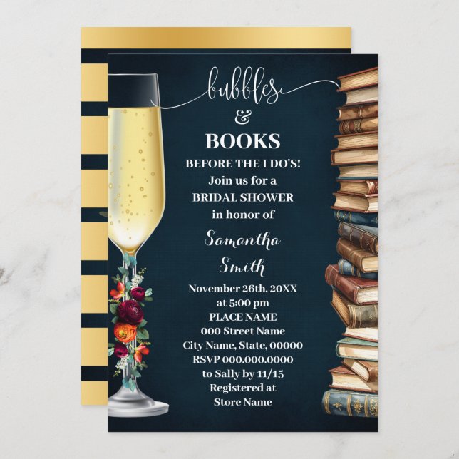 Wine Navy Bubbles & Book Before I do Bridal Shower Invitation (Front/Back)