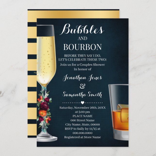 Wine Navy Bubbles & Bourbon Couples Shower Wedding Invitation (Front/Back)