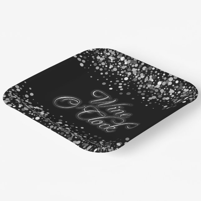 Wine O'Clock Silver Sparkle Square Paper Plate (Angled)