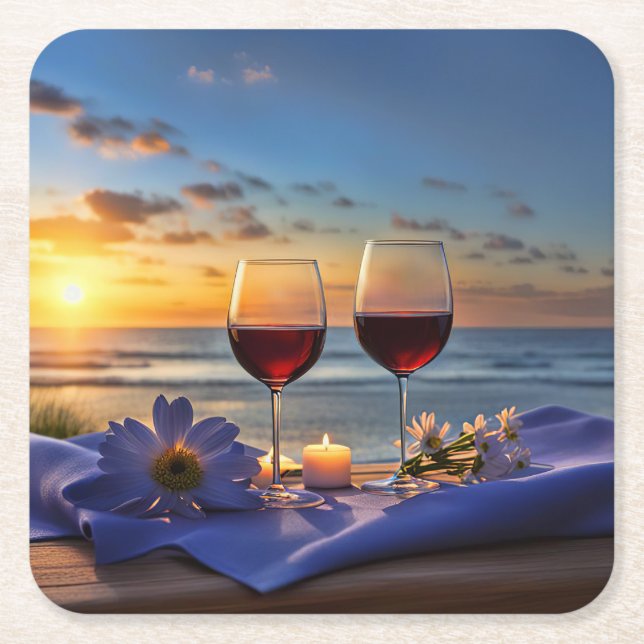 Wine on the Beach Seaside  Square Paper Coaster (Front)