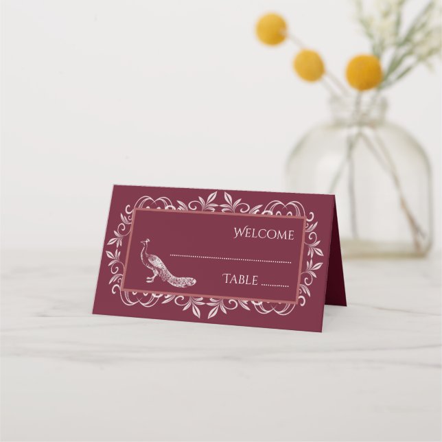 Wine Peacock Flourish Reception Place Card (Front)