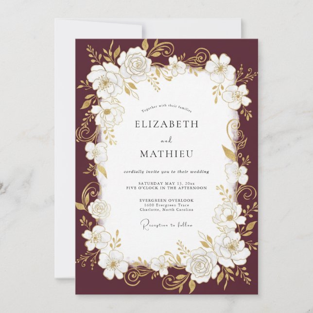 Wine Peony Wreath Wedding Invitation (Front)