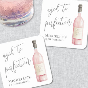 Wine Pink Aged To Perfection Birthday Square Paper Coaster