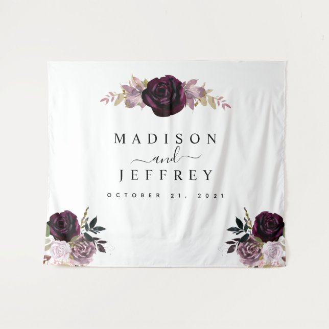 Wine Plum Mauve Fall Floral Wedding Backdrop Tapestry (Front (Horizontal))
